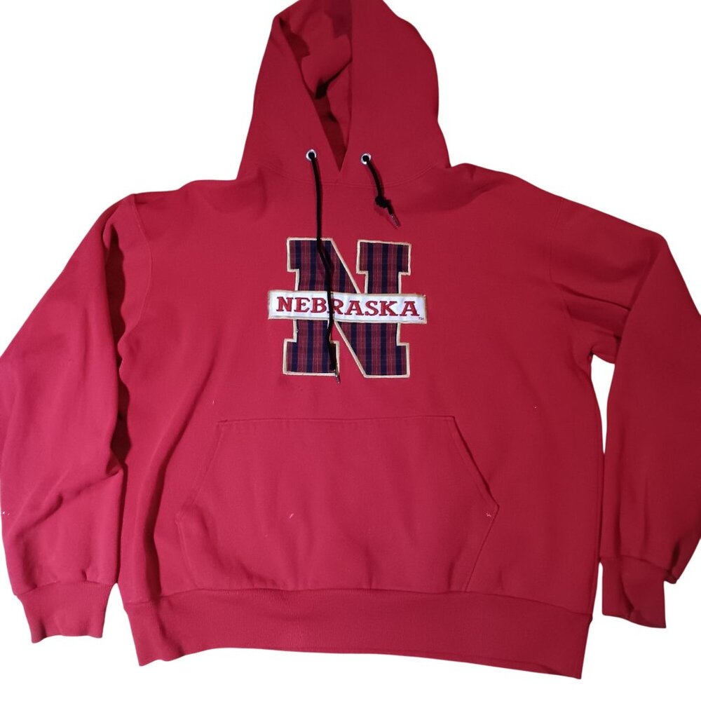 Vintage XL Nebraska Huskers Red Hoodie Sweatshirt Big Red 90s Patch Pullover USA